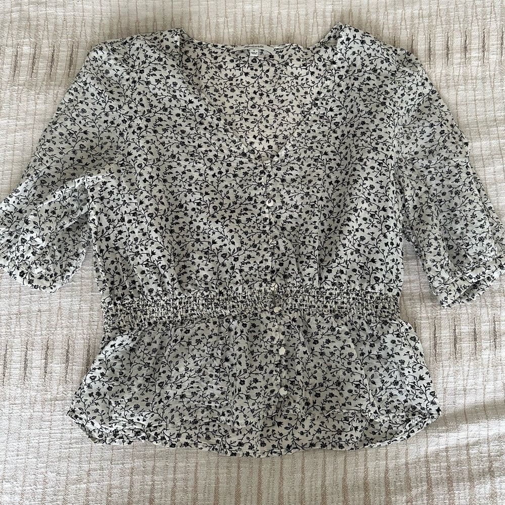 Madewell Silk Floral Print Peplum Puff Sleeve Blouse 6